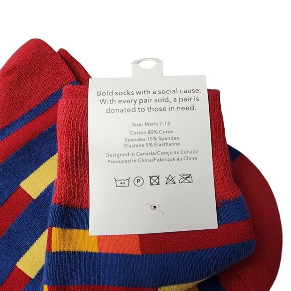 Men's Trouser Socks Red Blue Yellow Stripe Pattern 80% Cotton Size 7-13 - Picture 4 of 4